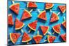 Watermelon Slice Popsicles on a Blue Rustic Wood Background-I am Kulz-Mounted Photographic Print