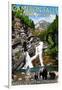 Waterton Lakes National Park, Canada - Cameron Falls and Bear Family-Lantern Press-Framed Art Print