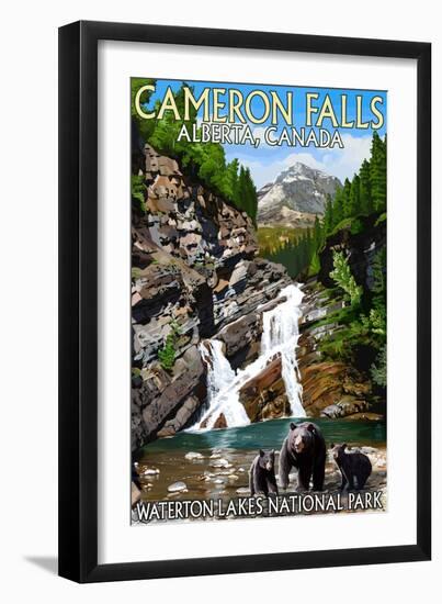 Waterton Lakes National Park, Canada - Cameron Falls and Bear Family-Lantern Press-Framed Art Print