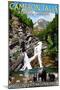 Waterton Lakes National Park, Canada - Cameron Falls and Bear Family-Lantern Press-Mounted Art Print