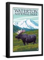 Waterton National Park, Canada - Moose and Mountain-Lantern Press-Framed Art Print