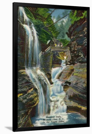 Watkins Glen, New York - View of Rainbow Falls and Bridge-Lantern Press-Framed Art Print