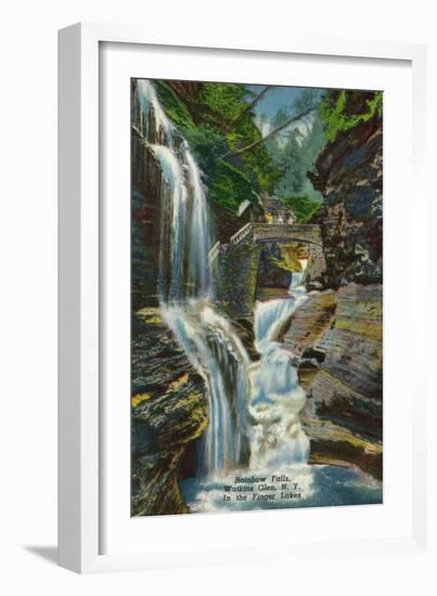 Watkins Glen, New York - View of Rainbow Falls and Bridge-Lantern Press-Framed Art Print