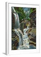 Watkins Glen, New York - View of Rainbow Falls and Bridge-Lantern Press-Framed Art Print