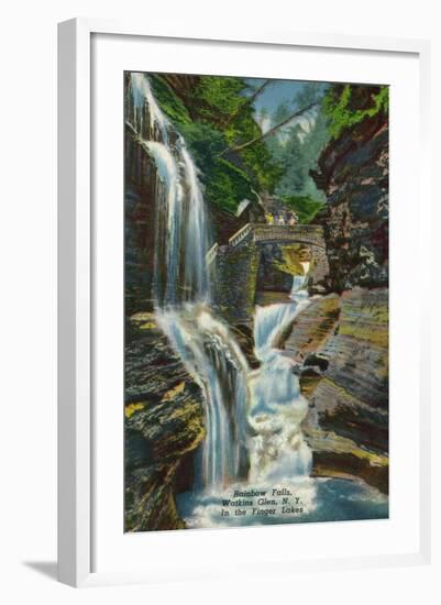Watkins Glen, New York - View of Rainbow Falls and Bridge-Lantern Press-Framed Art Print