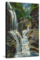 Watkins Glen, New York - View of Rainbow Falls and Bridge-Lantern Press-Stretched Canvas