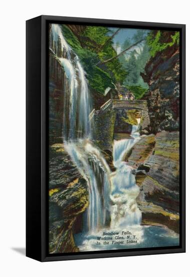 Watkins Glen, New York - View of Rainbow Falls and Bridge-Lantern Press-Framed Stretched Canvas