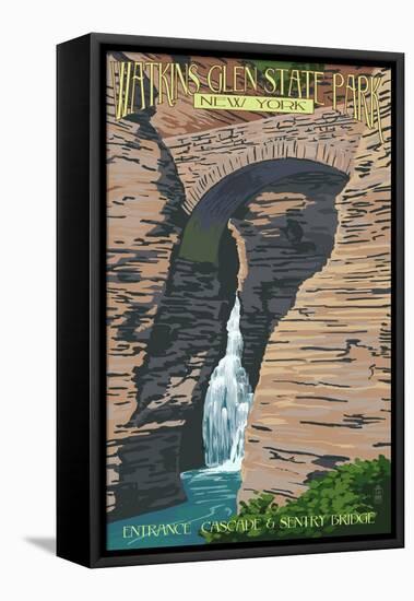 Watkins Glen State Park, New York - Entrance Cascade and Sentry Bridge-Lantern Press-Framed Stretched Canvas