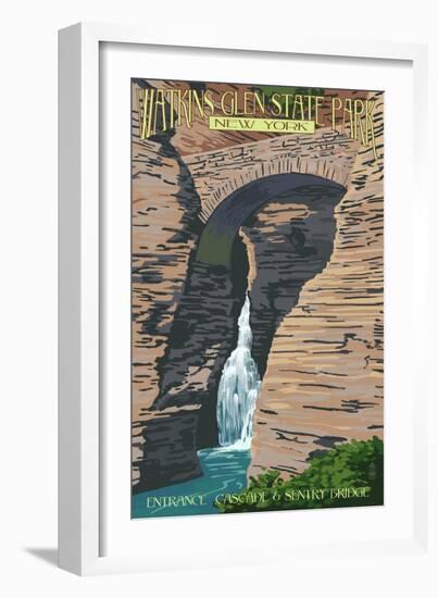 Watkins Glen State Park, New York - Entrance Cascade and Sentry Bridge-Lantern Press-Framed Art Print