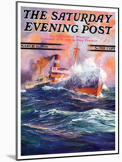 "Wave Breaks over Steamer," Saturday Evening Post Cover, March 21, 1936-Anton Otto Fischer-Mounted Premium Giclee Print