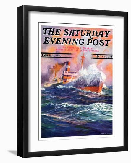 "Wave Breaks over Steamer," Saturday Evening Post Cover, March 21, 1936-Anton Otto Fischer-Framed Giclee Print