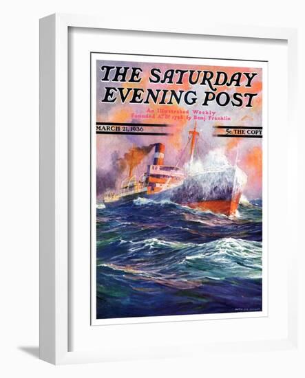 "Wave Breaks over Steamer," Saturday Evening Post Cover, March 21, 1936-Anton Otto Fischer-Framed Giclee Print