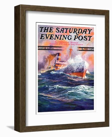 "Wave Breaks over Steamer," Saturday Evening Post Cover, March 21, 1936-Anton Otto Fischer-Framed Giclee Print