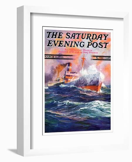 "Wave Breaks over Steamer," Saturday Evening Post Cover, March 21, 1936-Anton Otto Fischer-Framed Giclee Print