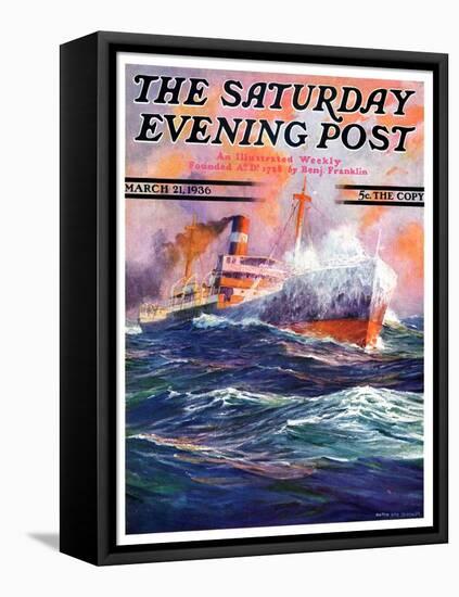 "Wave Breaks over Steamer," Saturday Evening Post Cover, March 21, 1936-Anton Otto Fischer-Framed Stretched Canvas
