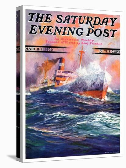 "Wave Breaks over Steamer," Saturday Evening Post Cover, March 21, 1936-Anton Otto Fischer-Stretched Canvas