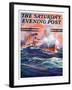 "Wave Breaks over Steamer," Saturday Evening Post Cover, March 21, 1936-Anton Otto Fischer-Framed Giclee Print