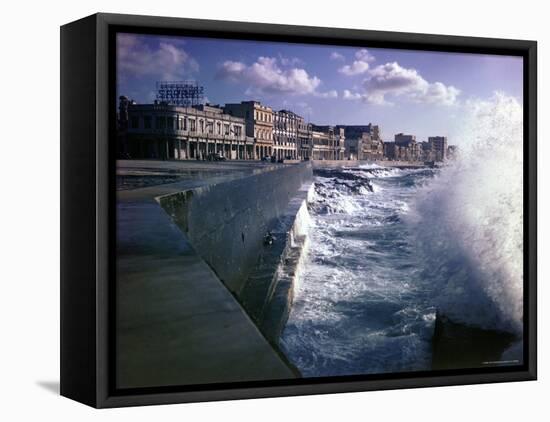 Wave Crashing Against a Breakwater Along the Malecon, a Waterfront Boulevard-Eliot Elisofon-Framed Stretched Canvas