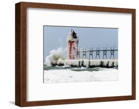 Wave crashing on snow-covered South Pier lighthouse, South Haven, Michigan, USA.-Panoramic Images-Framed Photographic Print