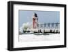 Wave crashing on snow-covered South Pier lighthouse, South Haven, Michigan, USA.-Panoramic Images-Framed Photographic Print