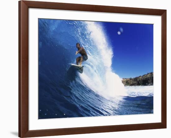 Wave Curling Up Over Surfer-null-Framed Photographic Print