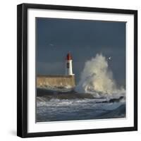 Waves breaking against port wall with lighthouse during storm-Loic Poidevin-Framed Photographic Print