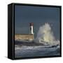 Waves breaking against port wall with lighthouse during storm-Loic Poidevin-Framed Stretched Canvas