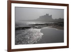 Waves Breaking at Bamburgh Beach Looking Towards Bamburgh Castle on a Misty Morning-Ann and Steve Toon-Framed Photographic Print
