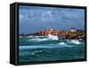 Waves breaking on coast, Ploumanac'h Lighthouse, Pink Granite Coast, Cotes-d'Armor, Brittany, Fr...-null-Framed Stretched Canvas