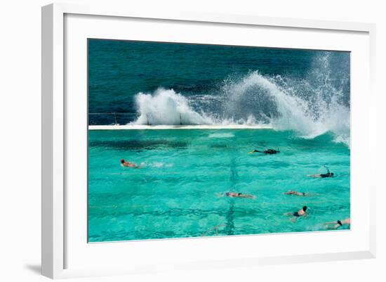 Waves Breaking over Edge of Pool of Bondi Icebergs Swim Club, Bondi Beach, Sydney-null-Framed Photographic Print