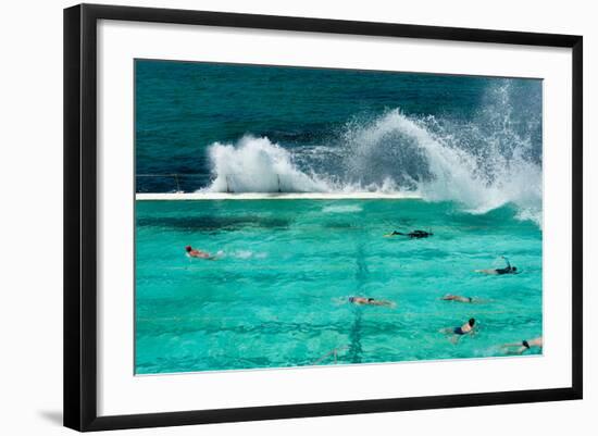 Waves Breaking over Edge of Pool of Bondi Icebergs Swim Club, Bondi Beach, Sydney-null-Framed Photographic Print