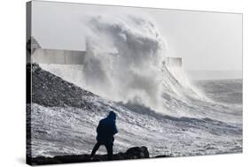 Waves Crash Against the Harbour Wall at Porthcawl, Bridgend, Wales, United Kingdom-Graham Lawrence-Stretched Canvas