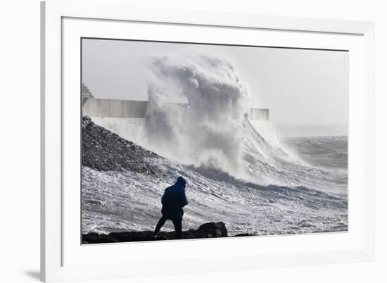 Waves Crash Against the Harbour Wall at Porthcawl, Bridgend, Wales, United Kingdom-Graham Lawrence-Framed Photographic Print