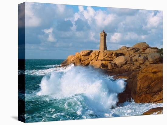 Waves Crashing at Ploumanac'H Lighthouse, Pink Granite Coast, Perros-Guirec, Cotes-D'Armor-null-Stretched Canvas
