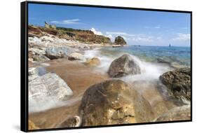 Waves crashing on rocks, Cala Seregola, Capo Pero, Elba Island, Livorno Province, Tuscany, Italy, E-Roberto Moiola-Framed Stretched Canvas