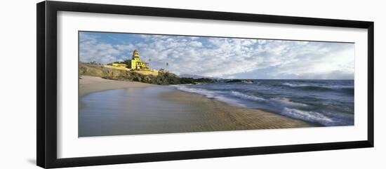 Waves on beach with Hacienda Cerritos hotel in the background, Cerritos Beach, Baja California S...-Panoramic Images-Framed Photographic Print