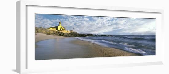 Waves on beach with Hacienda Cerritos hotel in the background, Cerritos Beach, Baja California S...-Panoramic Images-Framed Photographic Print