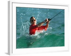 Waves Splash President-Elect George Bush as He Casts a Line While Surf-Fishing-null-Framed Photographic Print