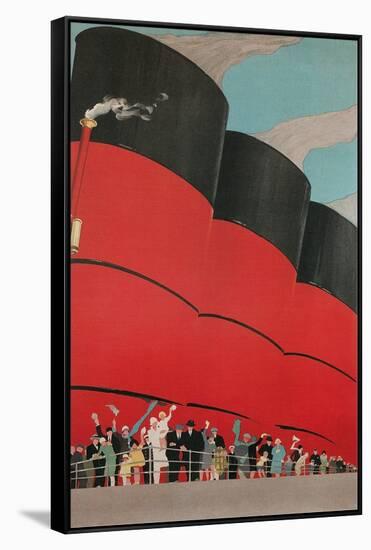 Waving People with Ocean Liner Smoke Stacks-Found Image Press-Framed Stretched Canvas