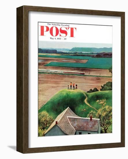 "Waving to Train in the Distance" Saturday Evening Post Cover, May 4, 1957-John Falter-Framed Giclee Print