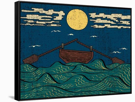 Wavy Sea Water Landscape Depicting Boat with Paddles or Oars down Sky Birds Clouds Moon Etching Ill-Drug Naroda-Framed Stretched Canvas