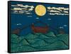 Wavy Sea Water Landscape Depicting Boat with Paddles or Oars down Sky Birds Clouds Moon Etching Ill-Drug Naroda-Framed Stretched Canvas