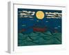 Wavy Sea Water Landscape Depicting Boat with Paddles or Oars down Sky Birds Clouds Moon Etching Ill-Drug Naroda-Framed Art Print