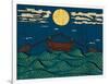 Wavy Sea Water Landscape Depicting Boat with Paddles or Oars down Sky Birds Clouds Moon Etching Ill-Drug Naroda-Framed Art Print