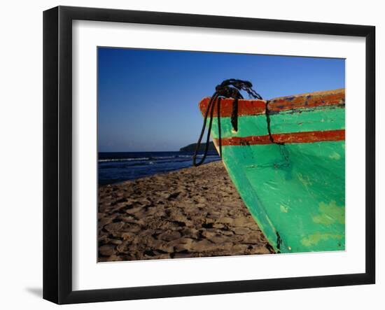 Weathered Wooden Boat Prow on Beach, Tela, Atlantida, Honduras-Jeffrey Becom-Framed Premium Photographic Print