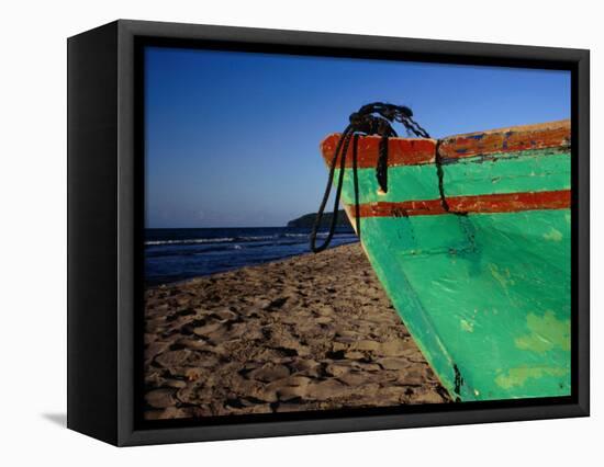 Weathered Wooden Boat Prow on Beach, Tela, Atlantida, Honduras-Jeffrey Becom-Framed Stretched Canvas