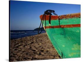 Weathered Wooden Boat Prow on Beach, Tela, Atlantida, Honduras-Jeffrey Becom-Stretched Canvas