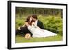 Wedding, Beautiful Young Bride Lying Together with Groom in Love on Green Grass Kissing-khorzhevska-Framed Photographic Print