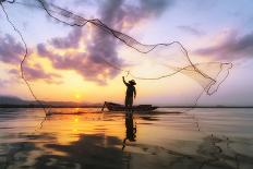 Fisherman of Bangpra Lake in Action When Fishing, Thailand-weerasak saeku-Photographic Print