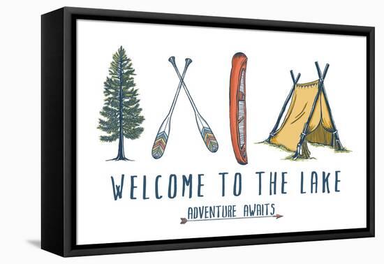 Welcome to the Lake - Adventure Awaits - Lake Icons Design-Lantern Press-Framed Stretched Canvas